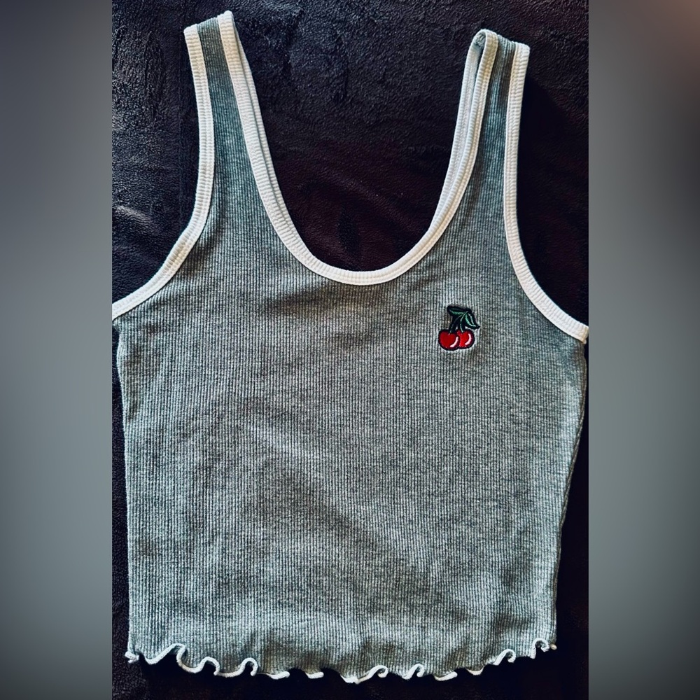Bozzolo Crop Tank Top Grey & White With Embroidered Red Cherries Gently Used